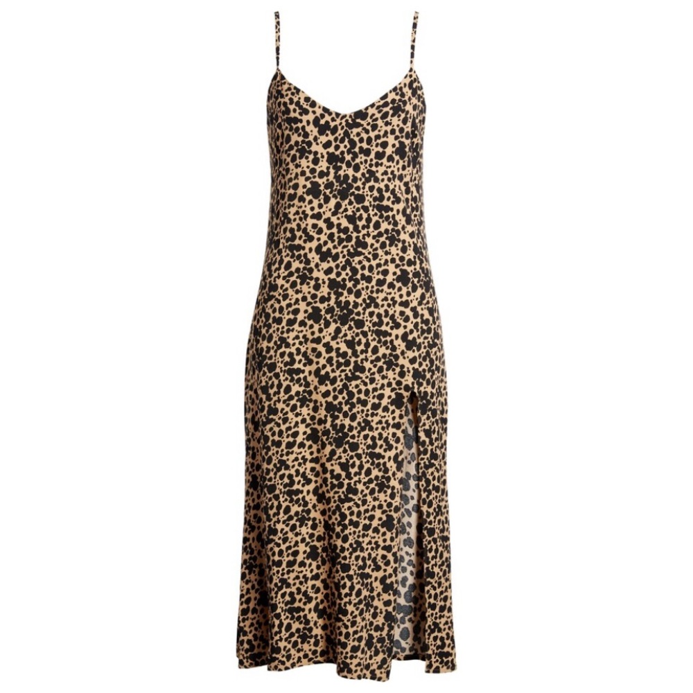 Reformation Crimini Leopard Print Slip Midi Dress in Tan and Black NWT